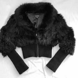 bebe XS Rabbit Fur Zip Up Crop Jacket